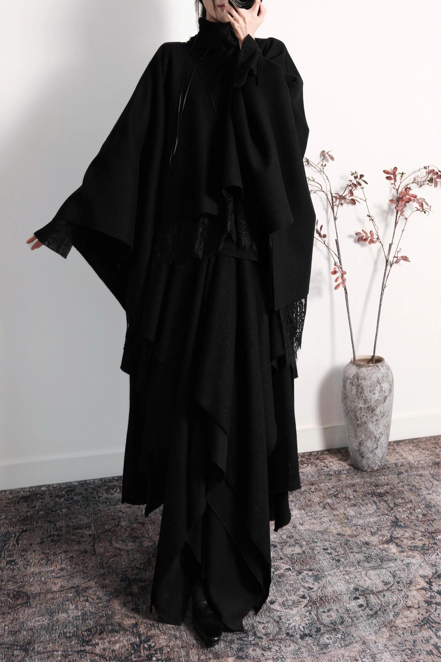 Black Wool Lace Short Cape