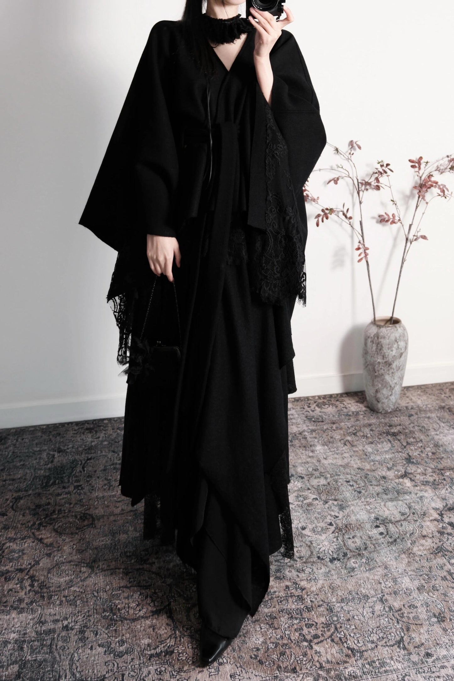 Black Wool Lace Short Cape