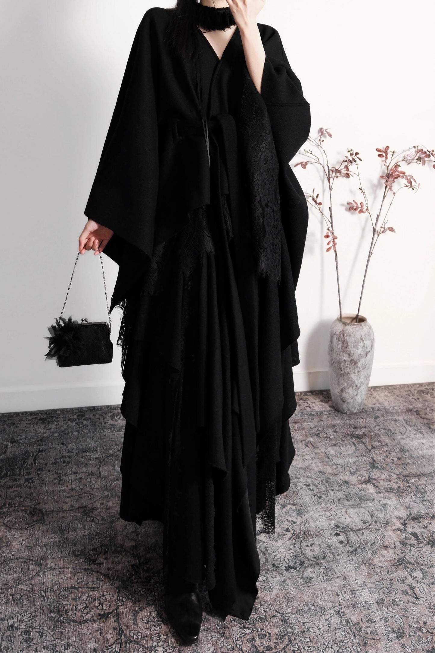 Black Wool Lace Short Cape