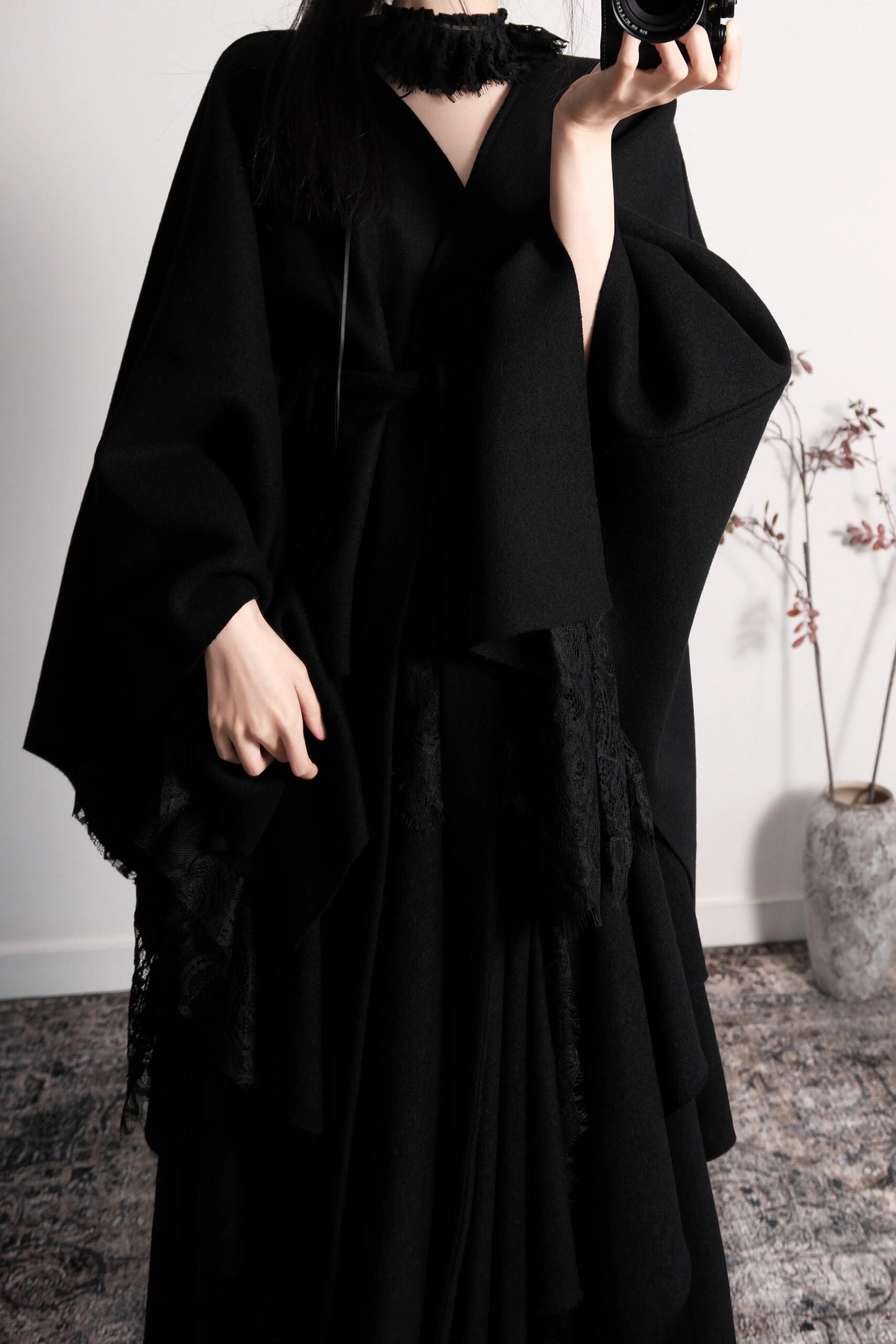 Black Wool Lace Short Cape