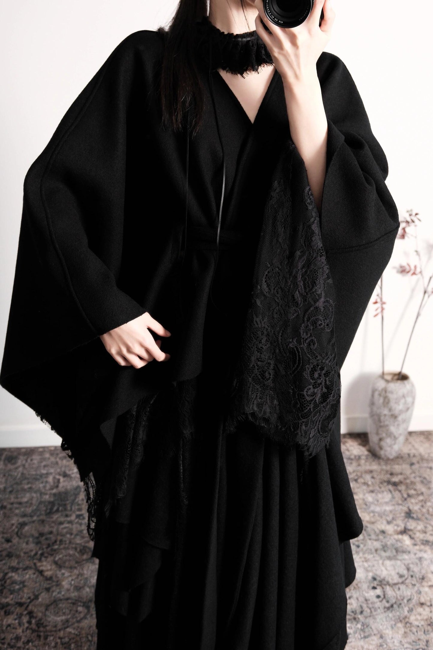 Black Wool Lace Short Cape